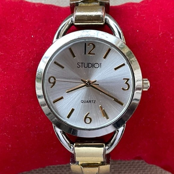 Studio Time Women Wristwatch Quartz Analog Watch Gold/Silver Tone Cuff Band - Picture 1 of 9